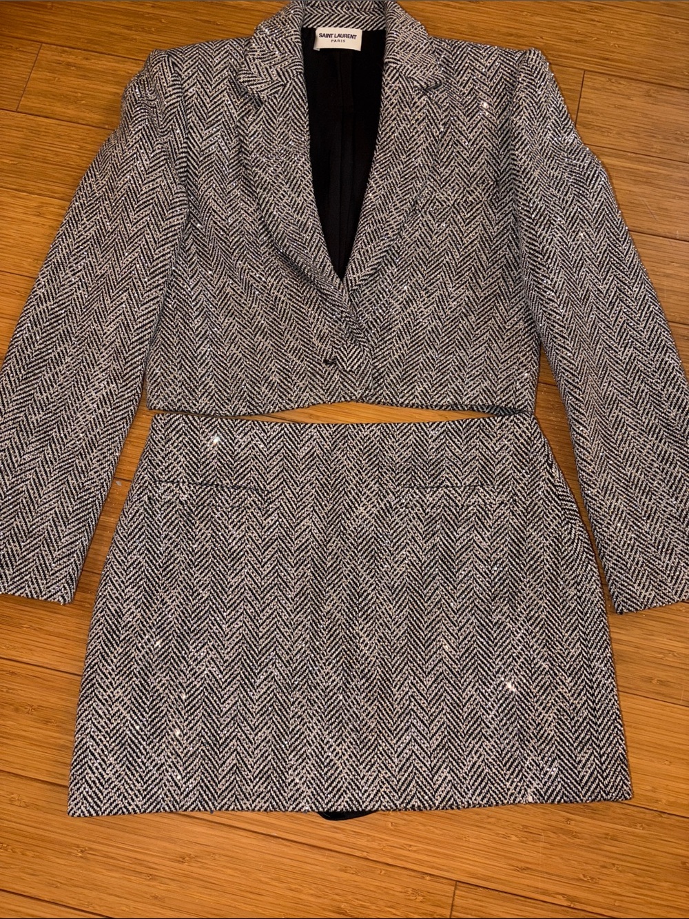 Black and White Herringbone Cropped Blazer